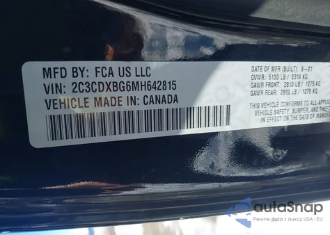 2021 Dodge Charger Sxt Rwd из США, поврежденный, VIN 2C3CDXBG6MH642815